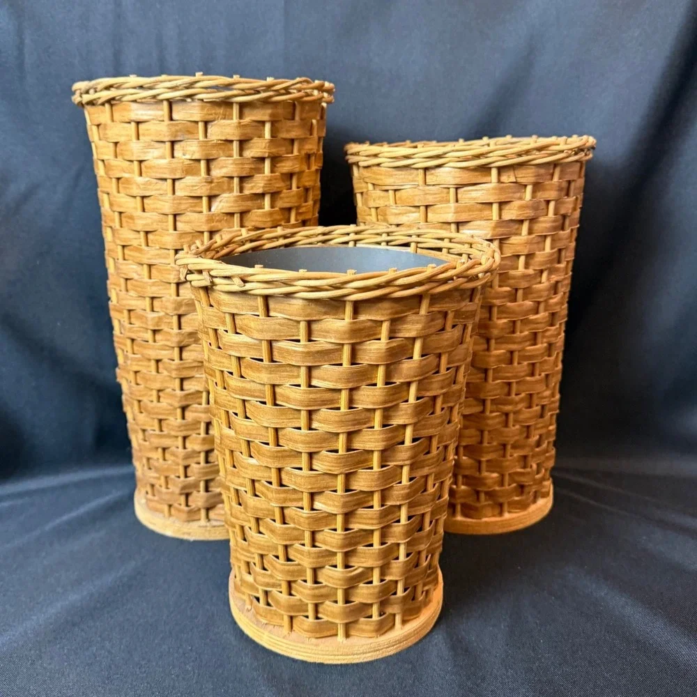 Vintage 3pc Set Woven Wicker Display Basket Vases w/ 2 Metal Liners 14